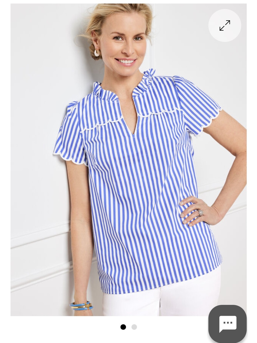 Talbots Blue and White Striped Embroidered Scallop Trim Cotton Blouse